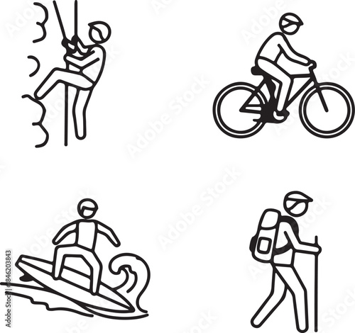 Outdoor Adventure Sports Icons With Rock Climbing Cycling Surfing Hiking Keywords: sports, recreation, activity, icon, set, illustration, drawing