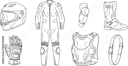 Motorcycle racing gear and protective equipment line art illustration Keywords: motorcycle, racing, gear, equipment, helmet, suit, gloves, boots