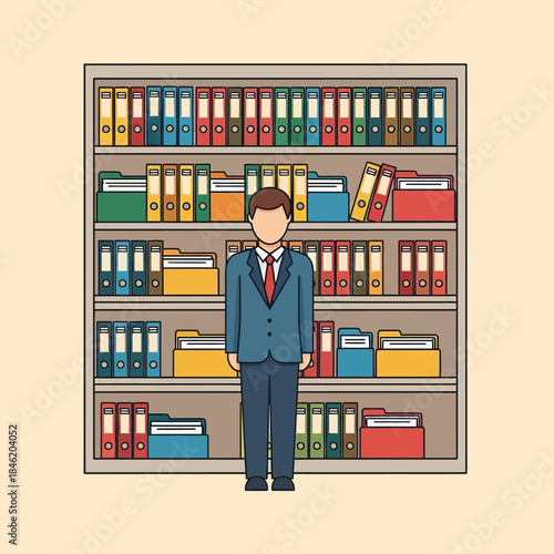 Office worker standing in front of a large bookshelf filled with binders and folders