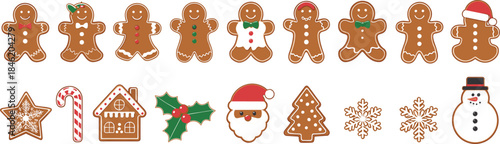 Festive collection of 15 Christmas themed gingerbread cookies and decorations on a white background Keywords: baking, celebration