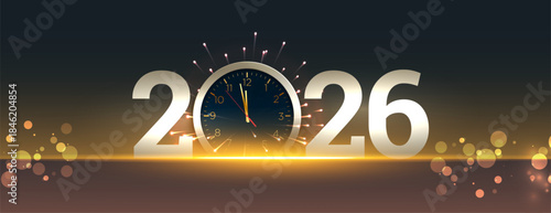 2026 New Year Card - Clock And Fireworks Waiting Midnight - Abstract Defocused Background