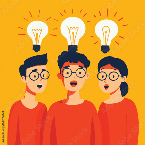 Three people surprised with fourth big idea , vector style simple color