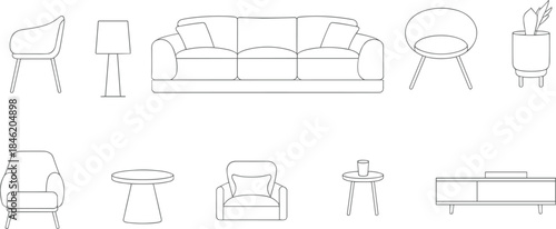 Set of Minimalist Line Art Furniture Icons for Interior Design and Decor Keywords: furniture, interior, design, decor, icon, set