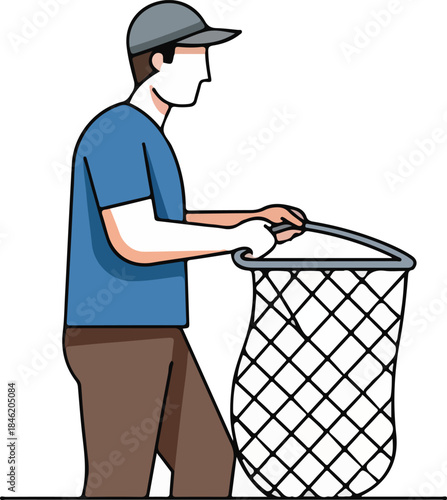Flat vector illustration of a sanitation worker collecting trash using a garbage bag. Waste management and cleaning service profession concept in simple cartoon style, suitable for recycling, hygiene