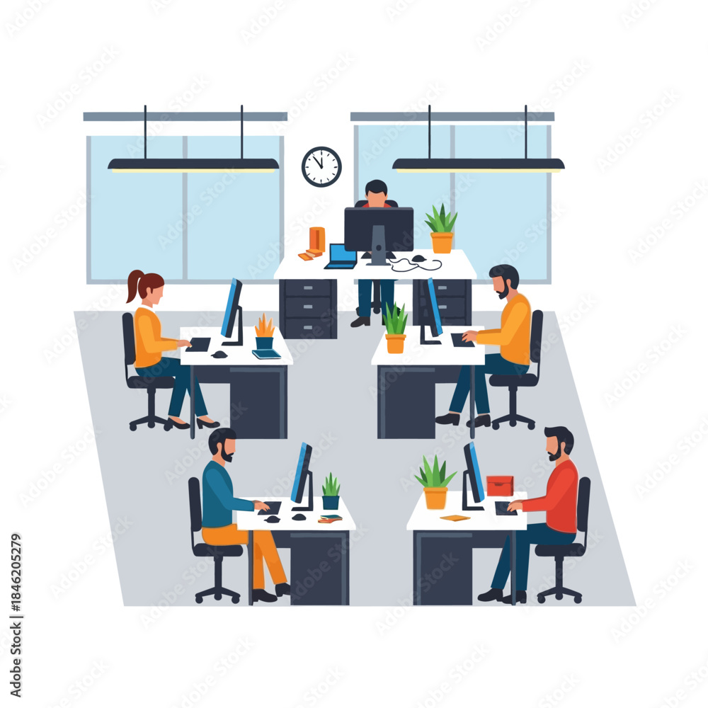 Obraz premium Modern office interior with people working at computers, creating a productive and collaborative work environment in a contemporary setting