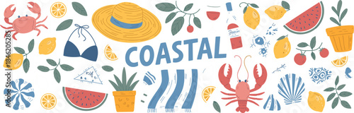 Vibrant Summer Coastal Theme with Beach Elements and Tropical Fruits Keywords: coastal, summer, beach, ocean, sea, vacation
