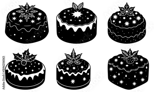 Six festive cakes with star and leaf decorations on white background holiday