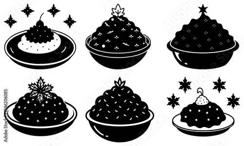 Six Christmas Puddings with Snowflakes and Stars on White Background holiday dessert