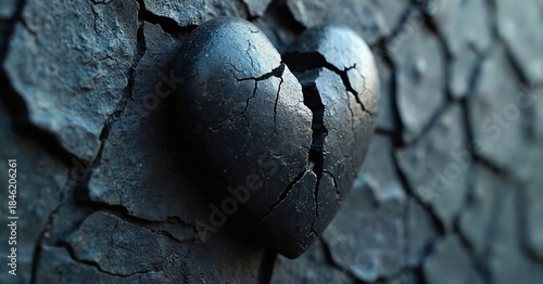Cracked black stone heart sits on rough textured wall. Symbol of relationship ending or emotional pain. Empty space for copy. Intense sorrowful mood.