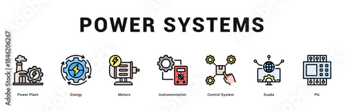 Power Systems Modern and clean web banner illustration featuring thematic icons for visual communication