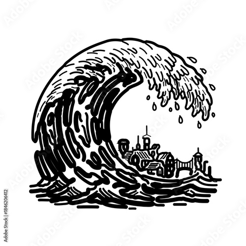 icon depicting a massive, destructive ocean wave towering over and rushing towards a town or residential area, symbolizing the immediate threat and immense power of a tsunami catastrophe