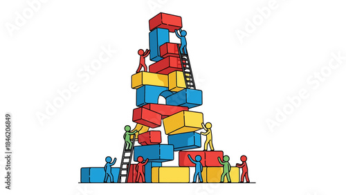 Small stick figures working together to build a tall colorful block tower on white…