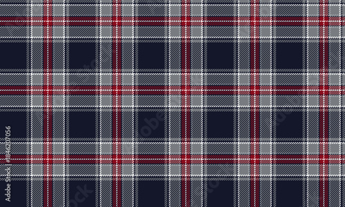 Seamless plaid fabric in navy blue, gray, red, and white, ideal for fashion design, clothing, skirts, trousers, and dresses in a modern classic style.