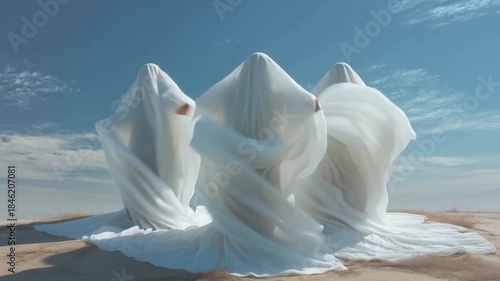 Dancers move gracefully wearing white costumes in an outdoor space under a clear blue sky, focusing on their movements and expressions