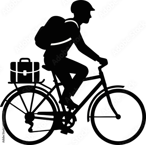 Eco Transportation Silhouette Vector. Commuter Riding Bicycle to Work Isolated on White Background
