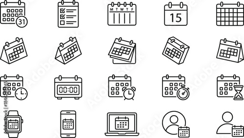 Calendar and scheduling outline icon set with date, planner, reminder, booking, time management, event, and appointment symbols