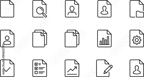Document and file outline icons set with profile, search, report, checklist, chart, edit and settings symbols