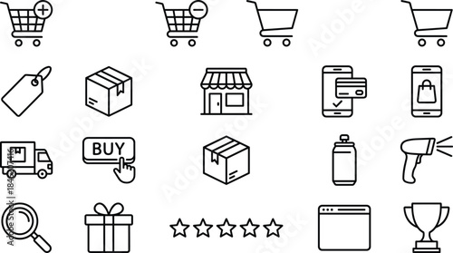 E-commerce and online shopping outline icons set with cart, payment, delivery, store, rating, gift and promotion symbols