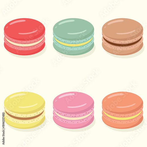 Set of cute colourful macarons, sweet French dessert vector illustration.