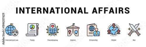 International Affairs Modern and clean web banner illustration featuring thematic icons for visual communication