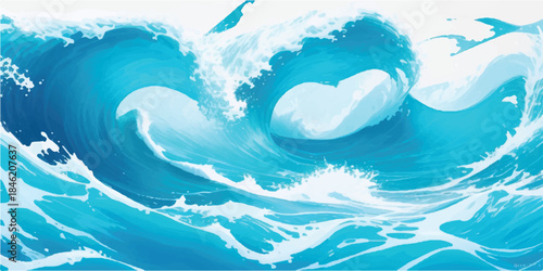 Abstract blue nature landscape illustration featuring summer ocean waves and a splash of color under a vector sky with clouds

