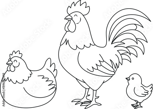 Hen and rooster family line art illustration