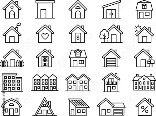 Real estate and housing outline icon set with home, building, property, mortgage, apartment, garage, and residential symbols