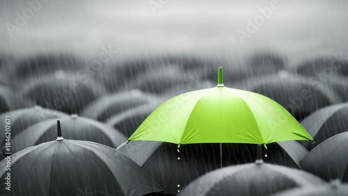 Many black umbrellas line the space while a green umbrella is visible in the center under the rain