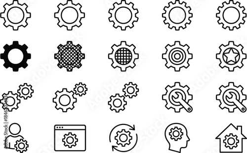 Settings and configuration outline icon set with gears, system tools, maintenance, optimization, process control and setup symbols