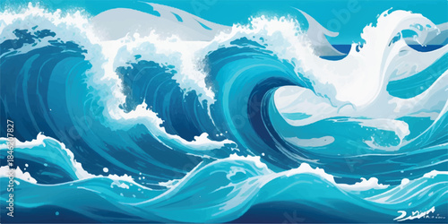 Deep blue abstract ocean waves flow beneath a bright summer sky where light reflects off the water surface in a vector landscape illustration

