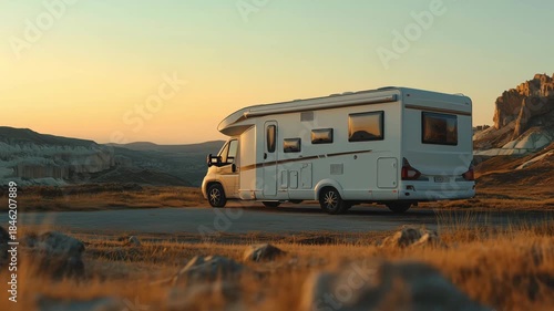A camper is parked in a wide landscape as the sun sets, providing a view of the rolling hills and mountains