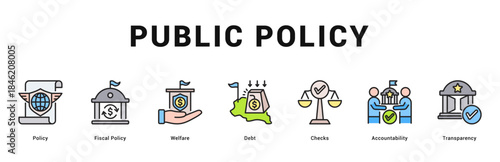 Public Policy Modern and clean web banner illustration featuring thematic icons for visual communication