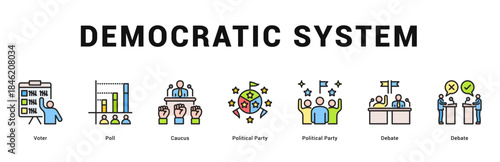 Democratic System Modern and clean web banner illustration featuring thematic icons for visual communication