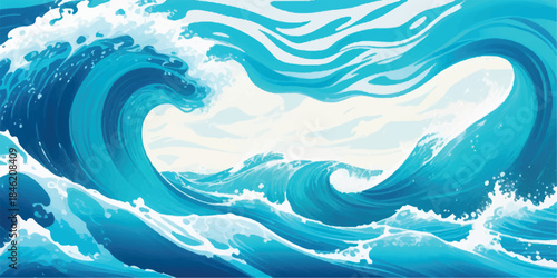 A vibrant nature illustration featuring a blue sea wave background with a stylized ocean splash and summer sun elements designed as a seamless vector pattern backdrop