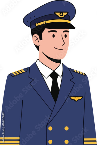 Flat vector illustration of an airline pilot wearing a uniform and captain hat. Aviation and transportation profession concept in simple cartoon style, suitable for airline, flight, travel,