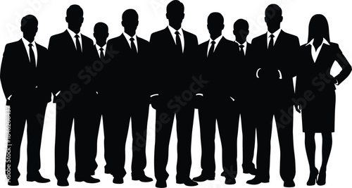 Business team standing together in professional attire on white background