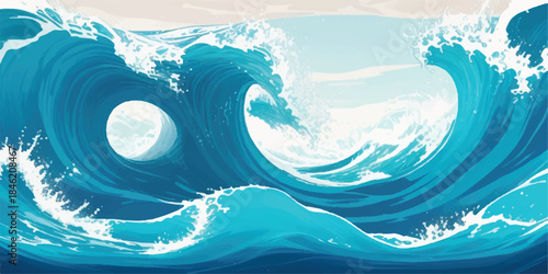 A vibrant summer vector illustration featuring a blue sea wave background with splashing ocean water, sun-drenched clouds, and a cartoon nature pattern perfect for a beach holiday wallpaper design

Wo