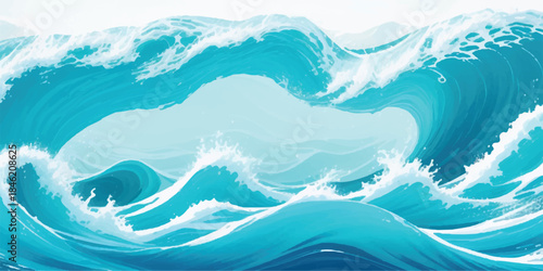 A cold blue winter landscape illustration featuring waves of the sea under a snowy mountain sky with a vector nature design for a Christmas decoration pattern