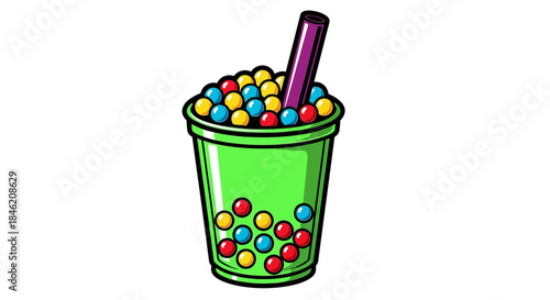 Cartoon illustration of a green bubble tea cup filled with colorful tapioca pearls and a purple straw.