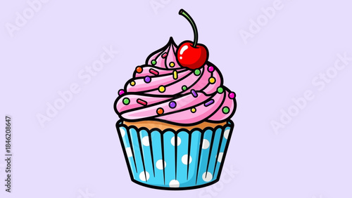 A cartoon cupcake with pink frosting, colorful sprinkles, and a cherry on top, set against a light purple background.