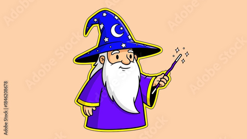 Cartoon wizard with a white beard, wearing a blue hat and purple robe.
