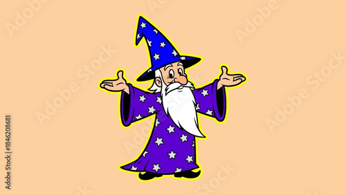Cartoon wizard with a long white beard wearing a purple robe and hat with stars.