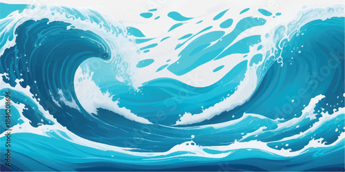 This blue sea wave background features a summer ocean nature pattern with fish and splash vector art for a decorative beach wallpaper design
