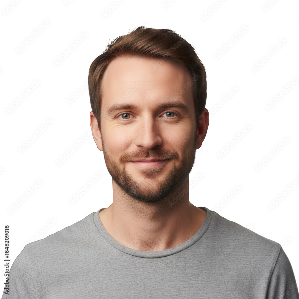 Obraz premium Portrait of a smiling young man with beard and mustache on black background