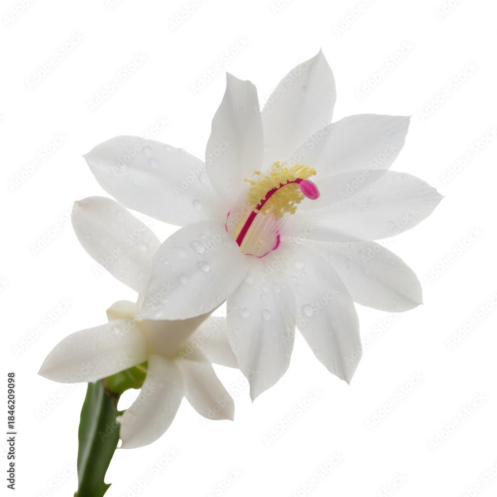 Fototapeta premium Exquisite white cactus flower with delicate petals and vibrant pistil isolated on a transparent background