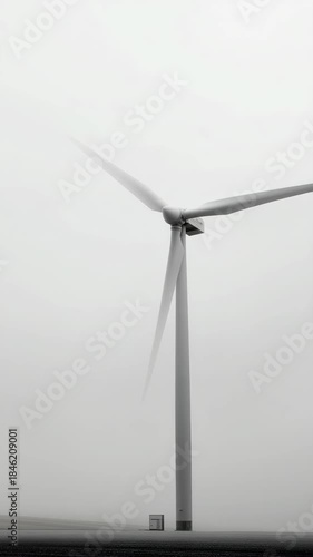 Vertical Shot. Wind Turbine in Fog
