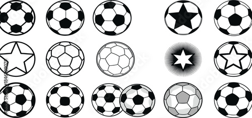 Collection of stylized soccer balls in various designs and patterns for graphic and web design