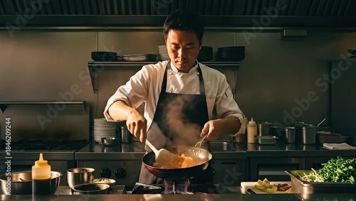 Skilled Chef Cooking Asian Food in a Professional Kitchen.