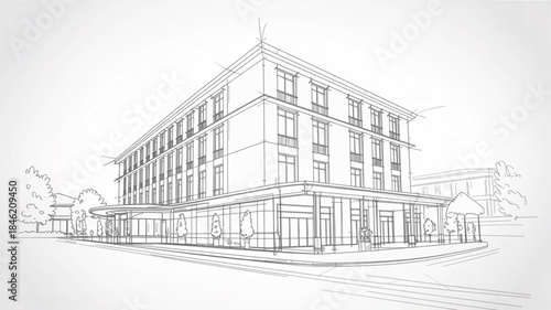 Building exterior sketch for architectural design and urban planning presentation