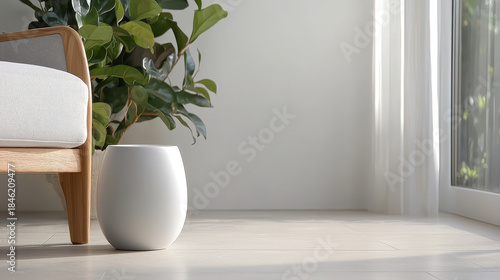 Minimal living room interior with modern chair and potted plant near window. Bright natural light and clean space for home decor and interior design projects.